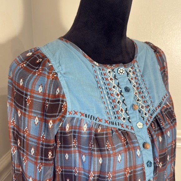 DejaVu Boho Plaid Embroidered Tunic Top Blue Brown western Peasant Large - Picture 2 of 13